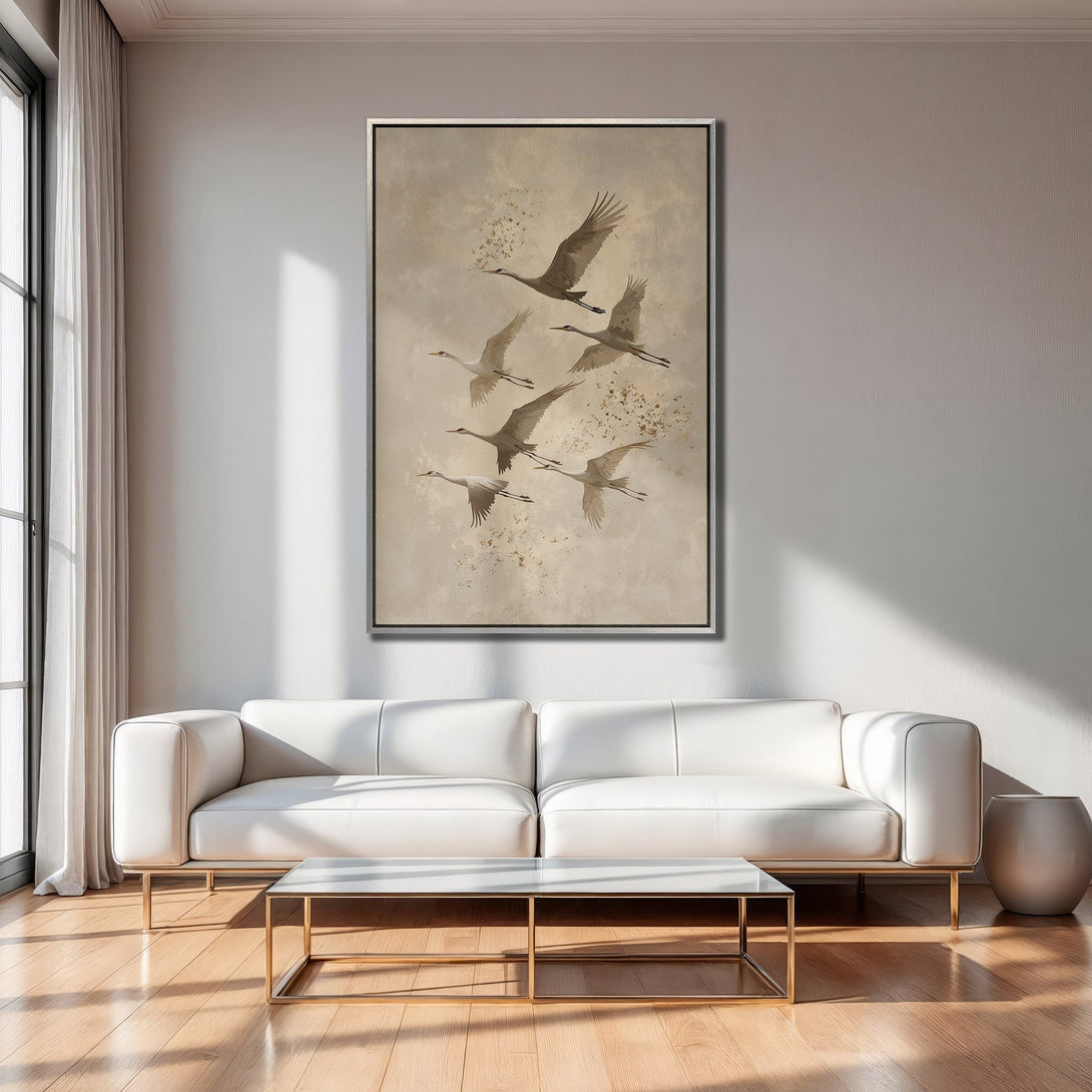 Framed Wall Art featuring cranes in flight, neutral color palette. Modern art for your home. Enhance your decor with this stunning Canvas Print.
