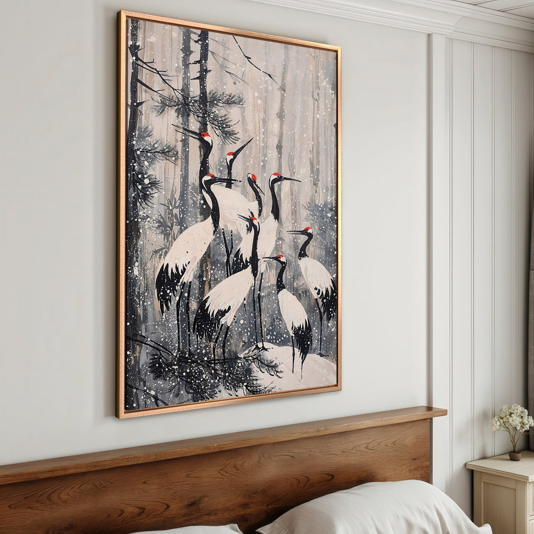 Framed Wall Art featuring elegant cranes in a snowy forest scene. Neutral color palette with black, white, and red accents. Perfect for adding a touch of nature to your space.