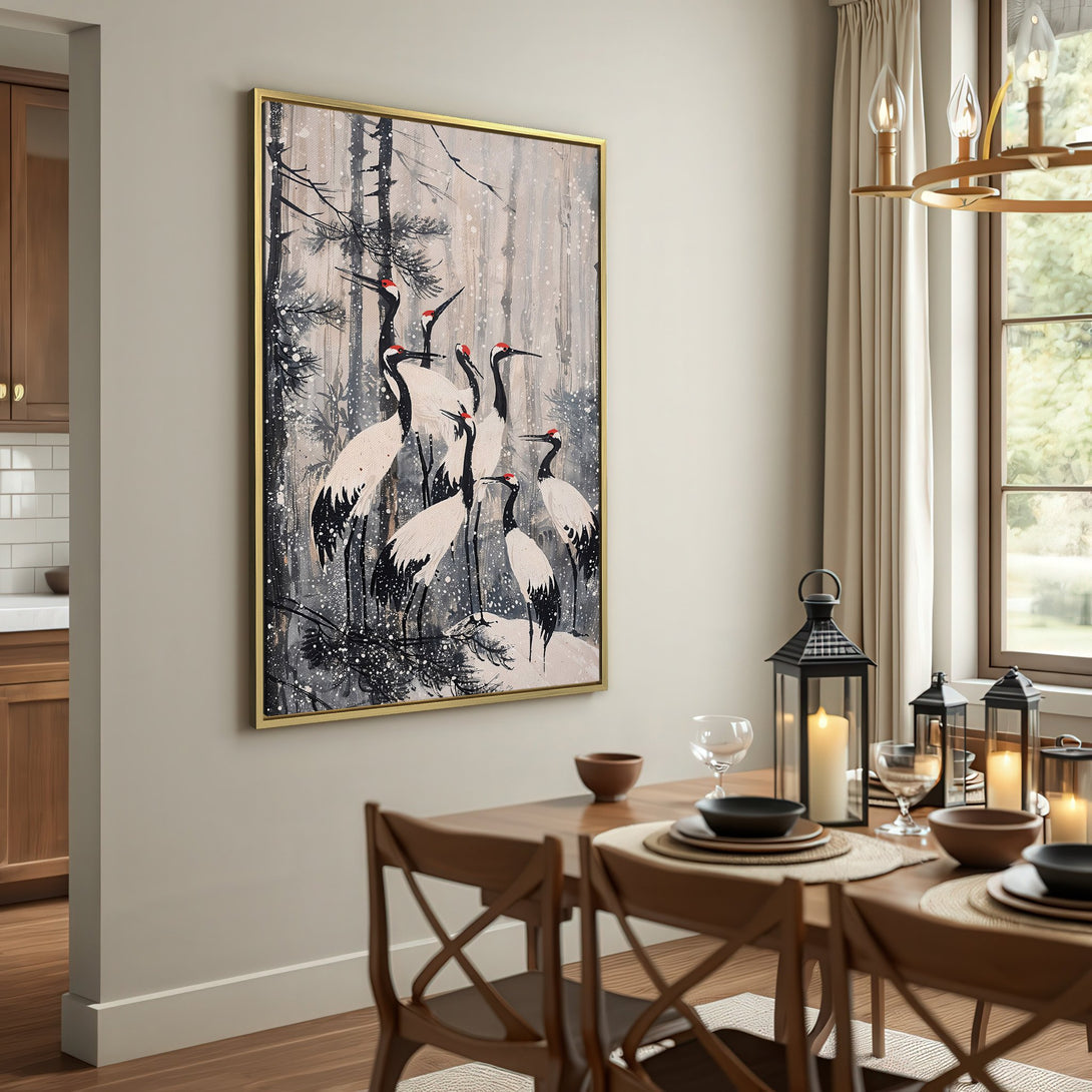Canvas Print featuring elegant cranes in a snowy forest. Modern art with a neutral, grayscale palette. Perfect wall decor for any room.