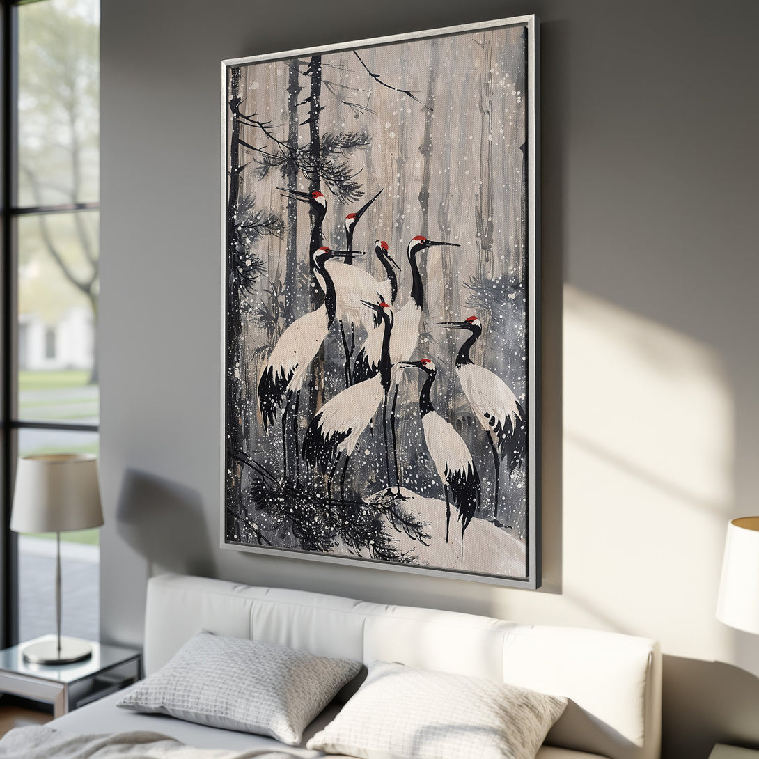 Framed Wall Art featuring Japanese cranes in a serene, black and white forest scene. Add a touch of elegance to your home with this stunning canvas print.