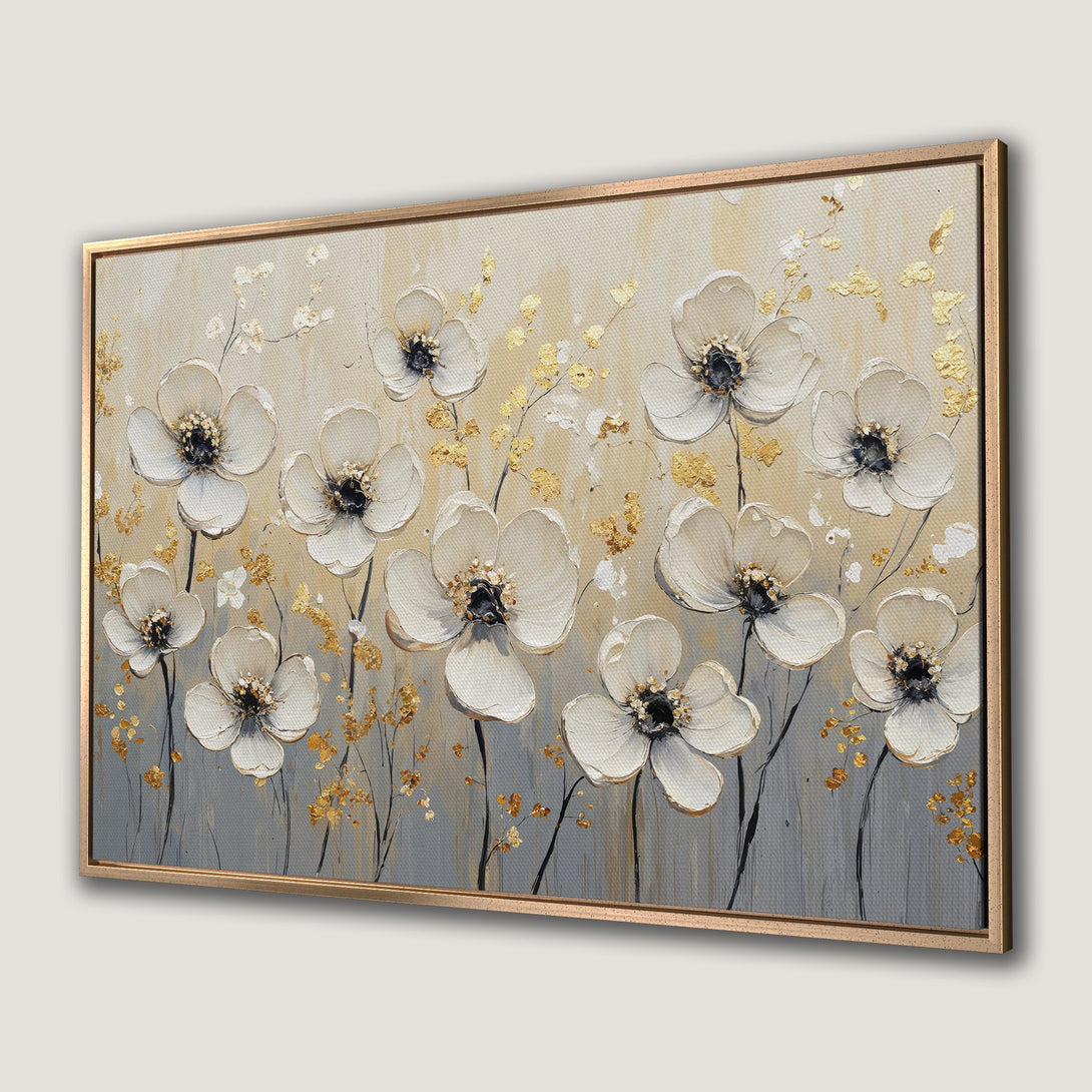 Framed Wall Art. Elegant floral Canvas Print with white flowers and gold accents, neutral color palette perfect for any decor.