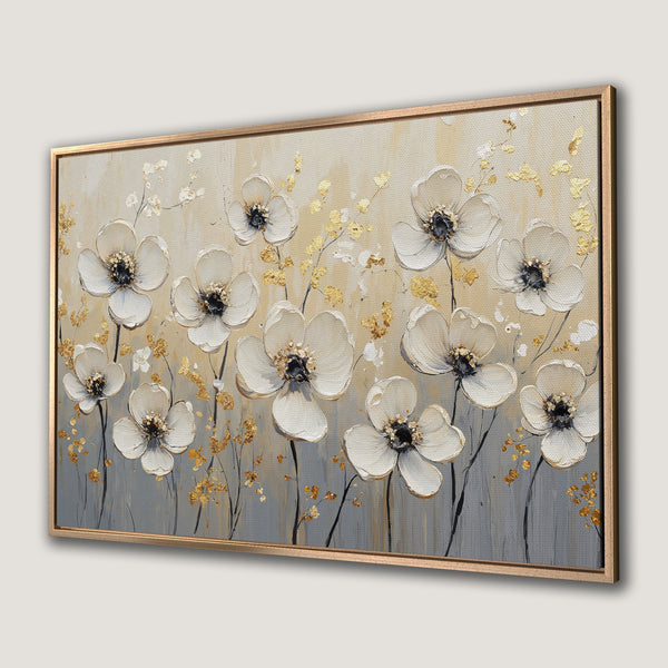 Framed Wall Art. Elegant floral Canvas Print with white flowers and gold accents, neutral color palette perfect for any decor.