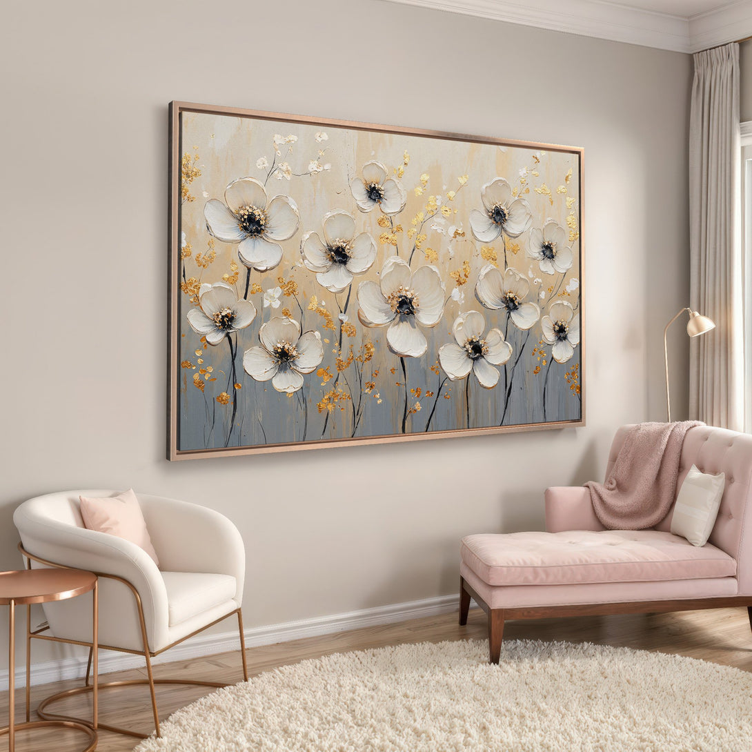 Framed Wall Art: Elegant floral painting in neutral tones. Modern canvas print with white flowers, gold accents, and a soft, inviting color palette.