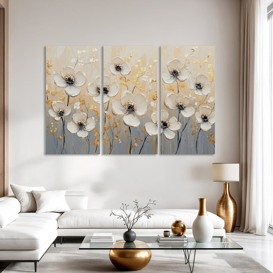 Elegant Canvas Print of white floral art with gold accents, perfect for modern home decor. Neutral color palette adds sophistication.