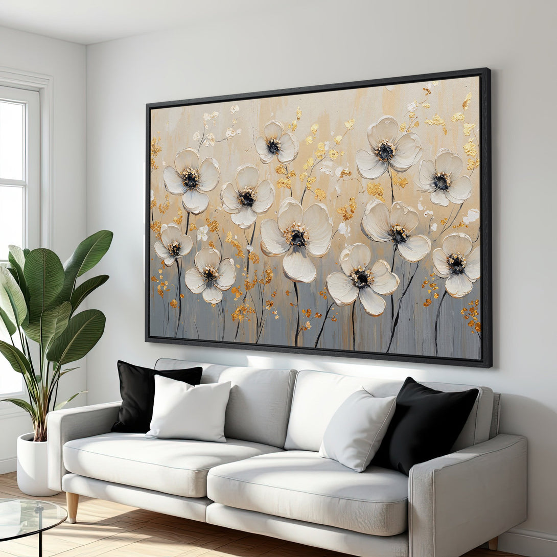 Framed Wall Art featuring elegant white floral painting with gold accents. Neutral color palette adds a touch of sophistication to any space.