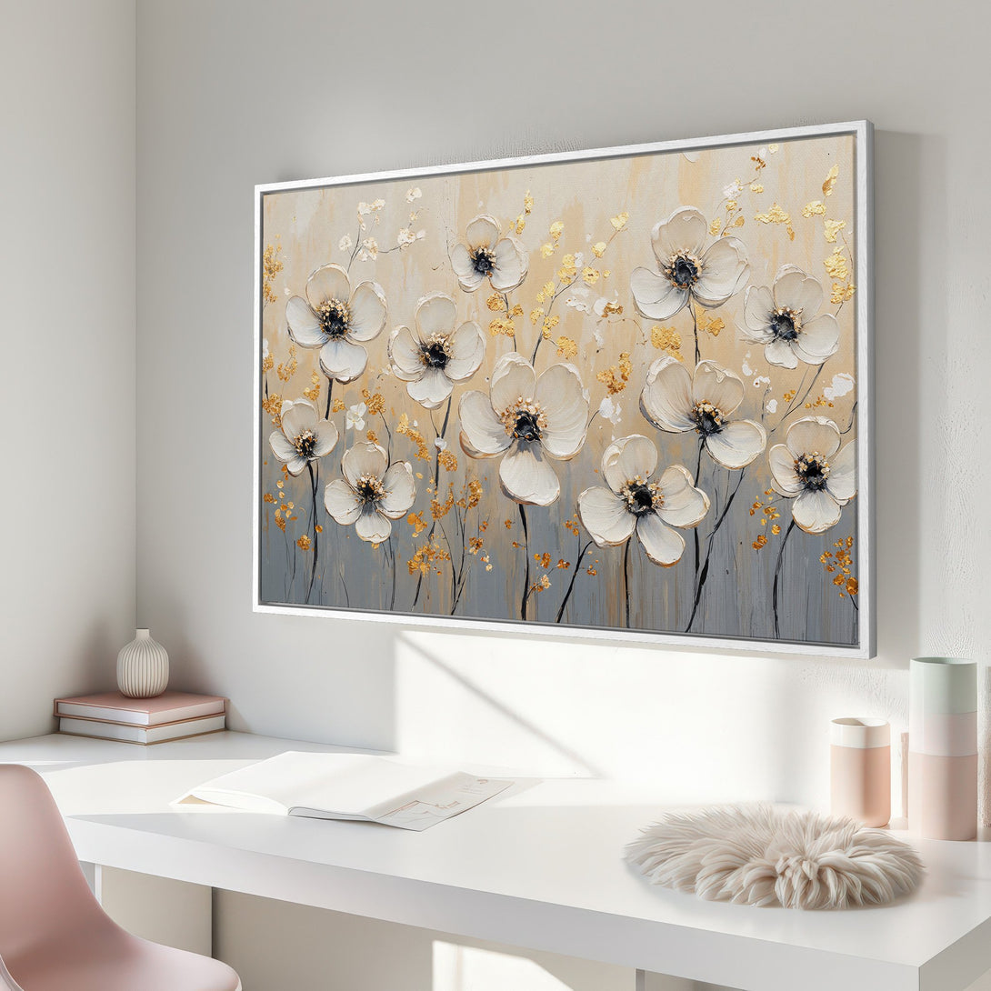 Framed Wall Art: Elegant floral canvas print with white flowers and gold accents. Neutral color palette perfect for modern home decor.