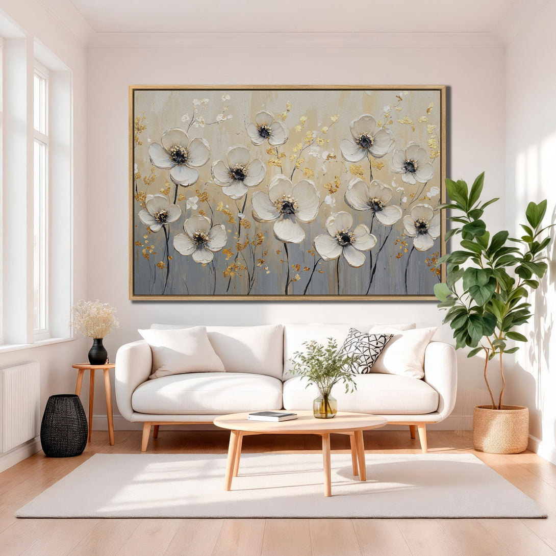 Framed Wall Art: Elegant floral canvas print in neutral tones of white, gold, and gray. Perfect for modern living room decor.