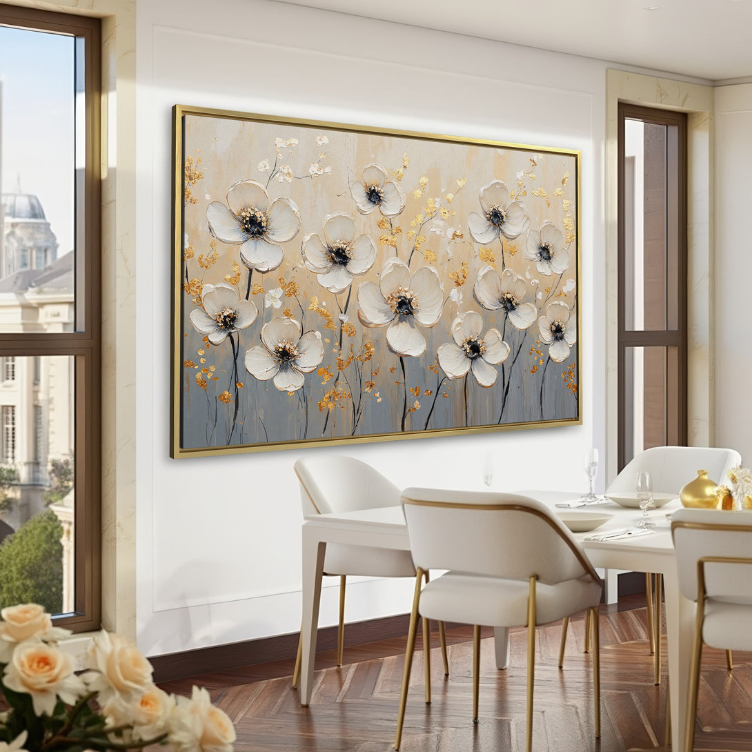 Canvas Print featuring elegant white floral art with gold accents, displayed in a sophisticated green interior. Perfect for adding a touch of luxury!