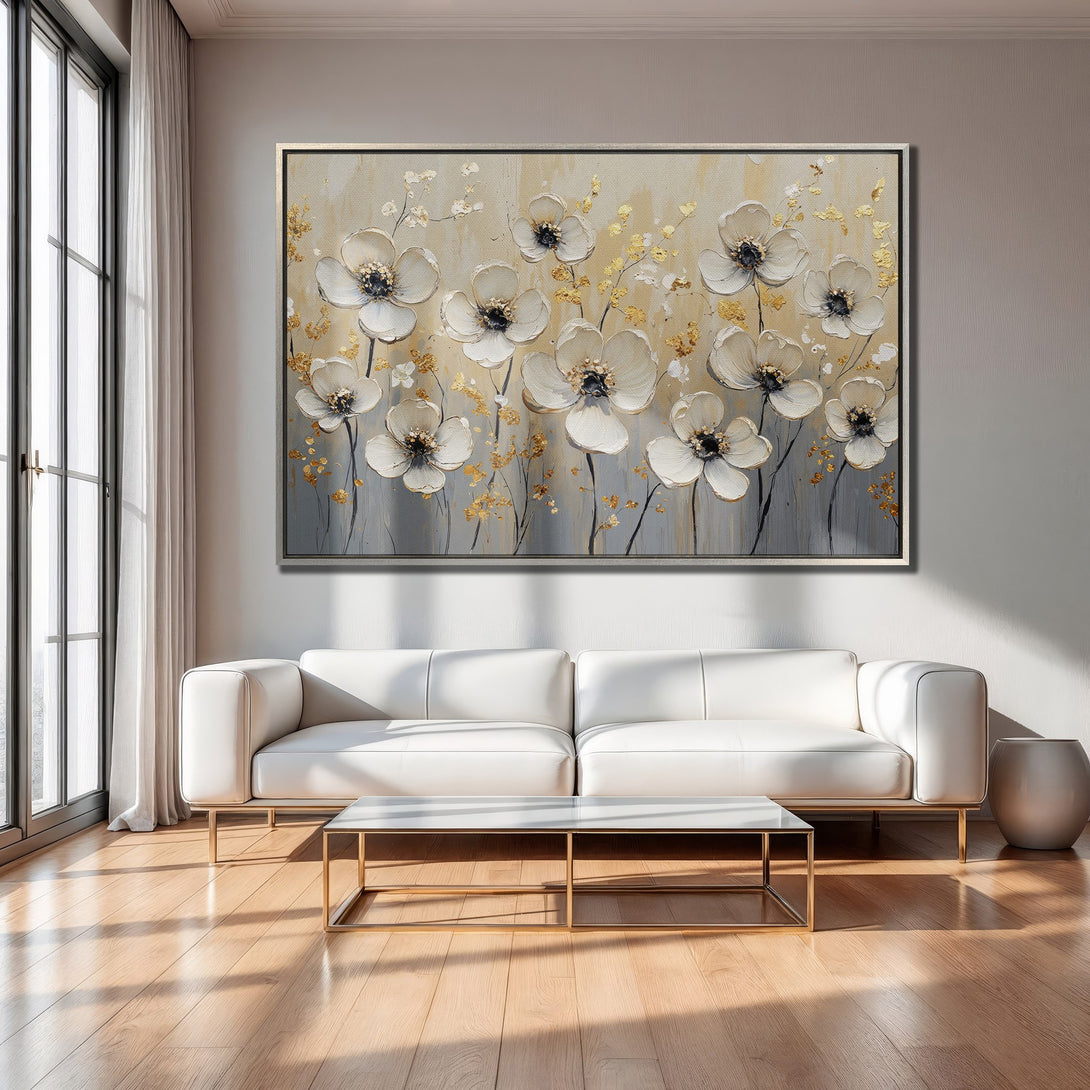 Framed Wall Art: Modern floral painting in neutral tones with gold accents. Elegant Canvas Print for living room decor.