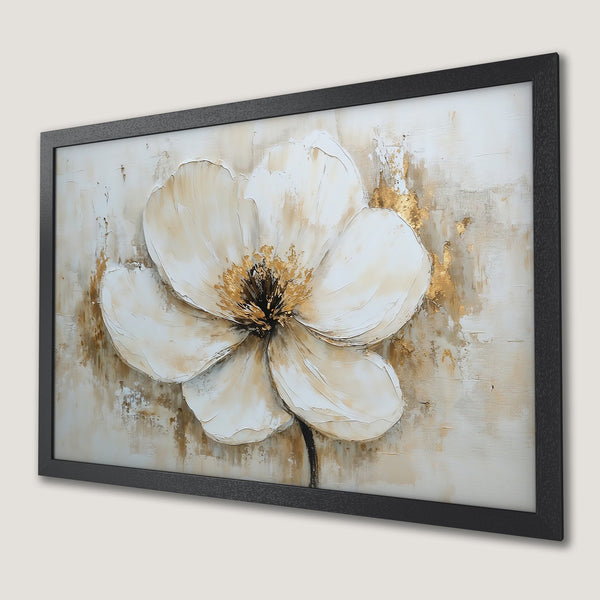 Framed Poster featuring a textured white flower artwork with gold accents, neutral color palette, and modern style.