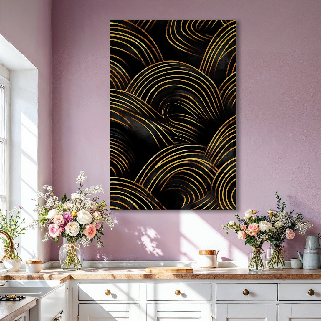 Framed Wall Art: Abstract gold and black art print. Modern, luxurious style. Perfect for living room decor. Enhance your space with this stunning canvas print.