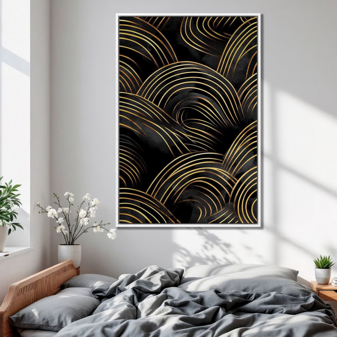 Framed Wall Art featuring an abstract gold and black design. Modern art print perfect for adding a touch of luxury to your bedroom decor.