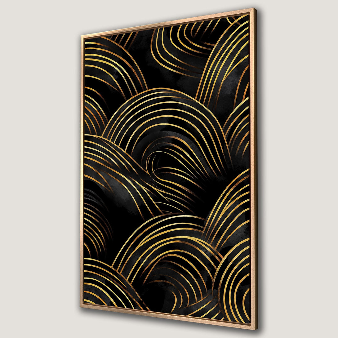 Framed Wall Art featuring an abstract design of gold lines on a black background. Modern art canvas print with a luxurious, elegant feel.