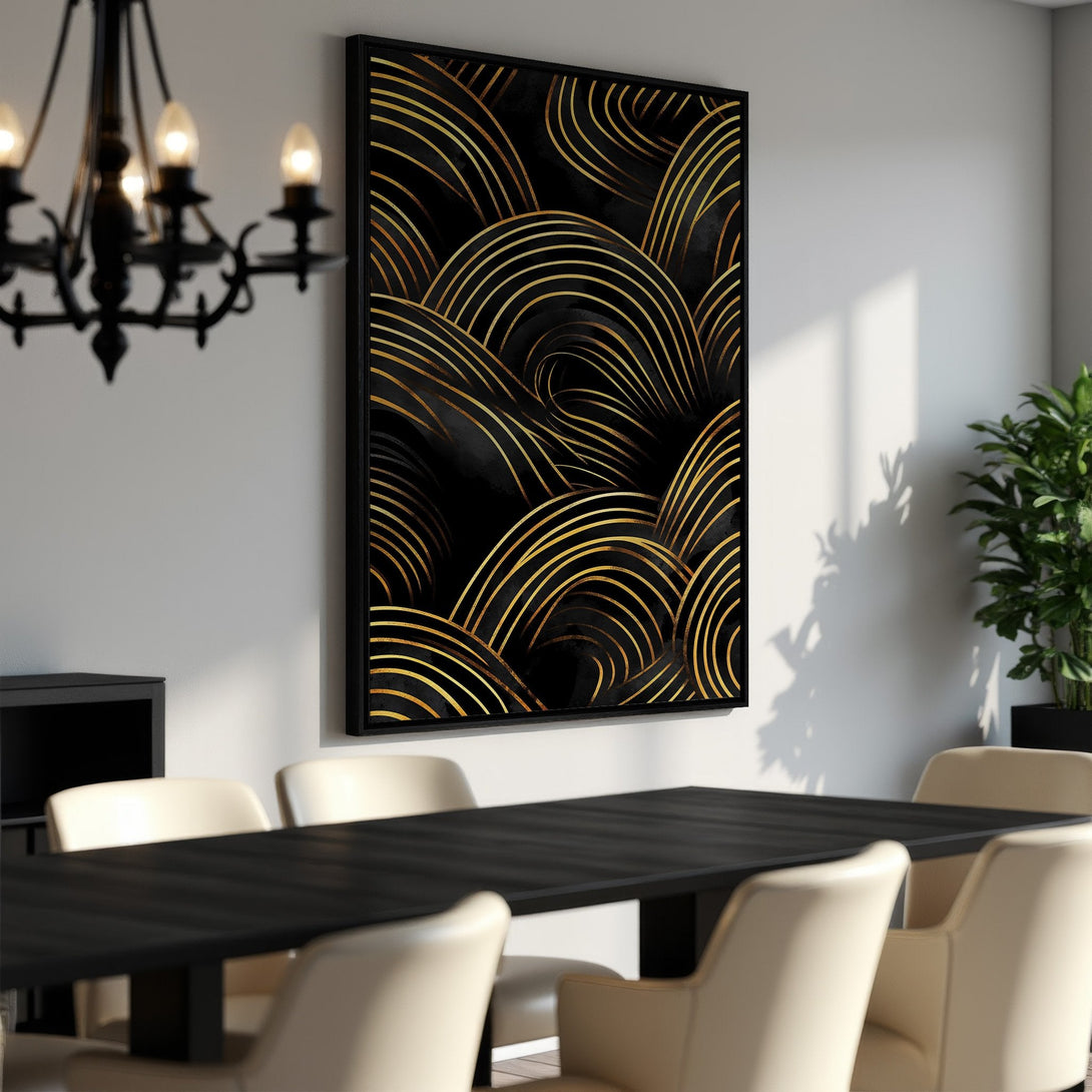 Framed Wall Art: Abstract gold and black art print. Modern, elegant design perfect for any room. Enhance your decor with this stunning canvas print.
