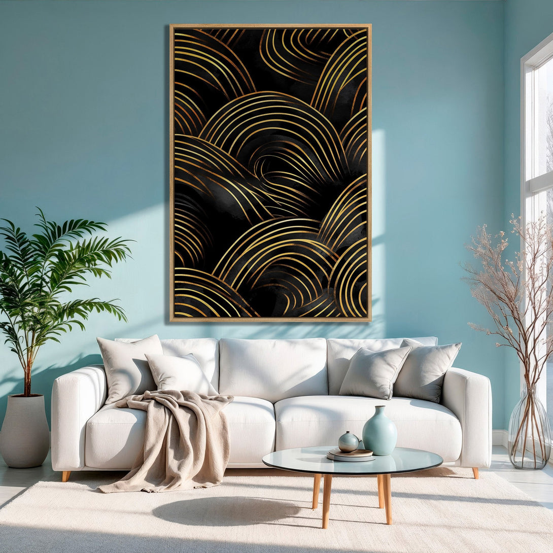 Framed Wall Art featuring an abstract gold and black design. Modern decor with a luxurious feel, perfect for any living room.