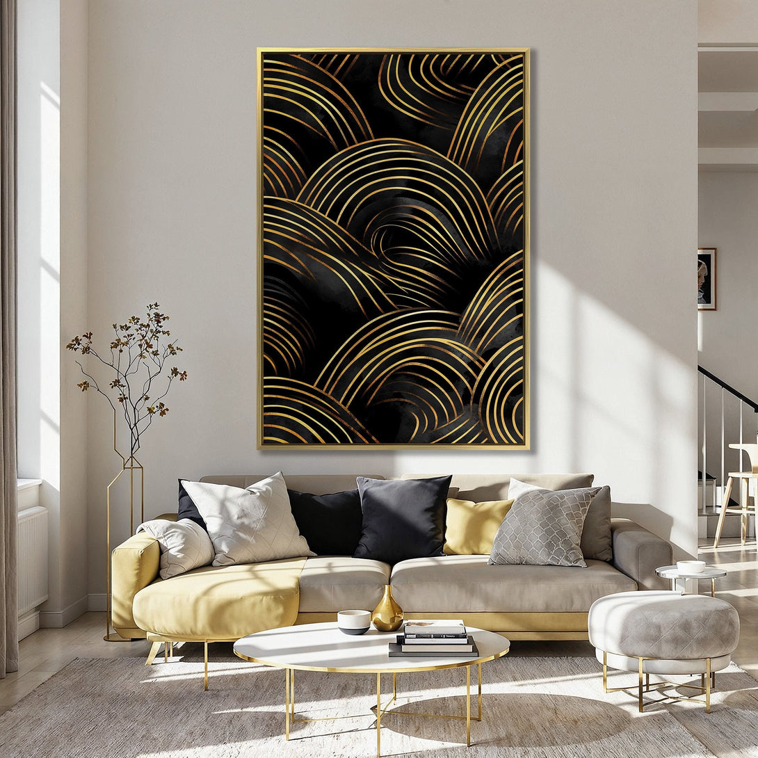 Canvas Print featuring a black and gold abstract design. Modern art with a striking, elegant look. Perfect for adding style to any room.