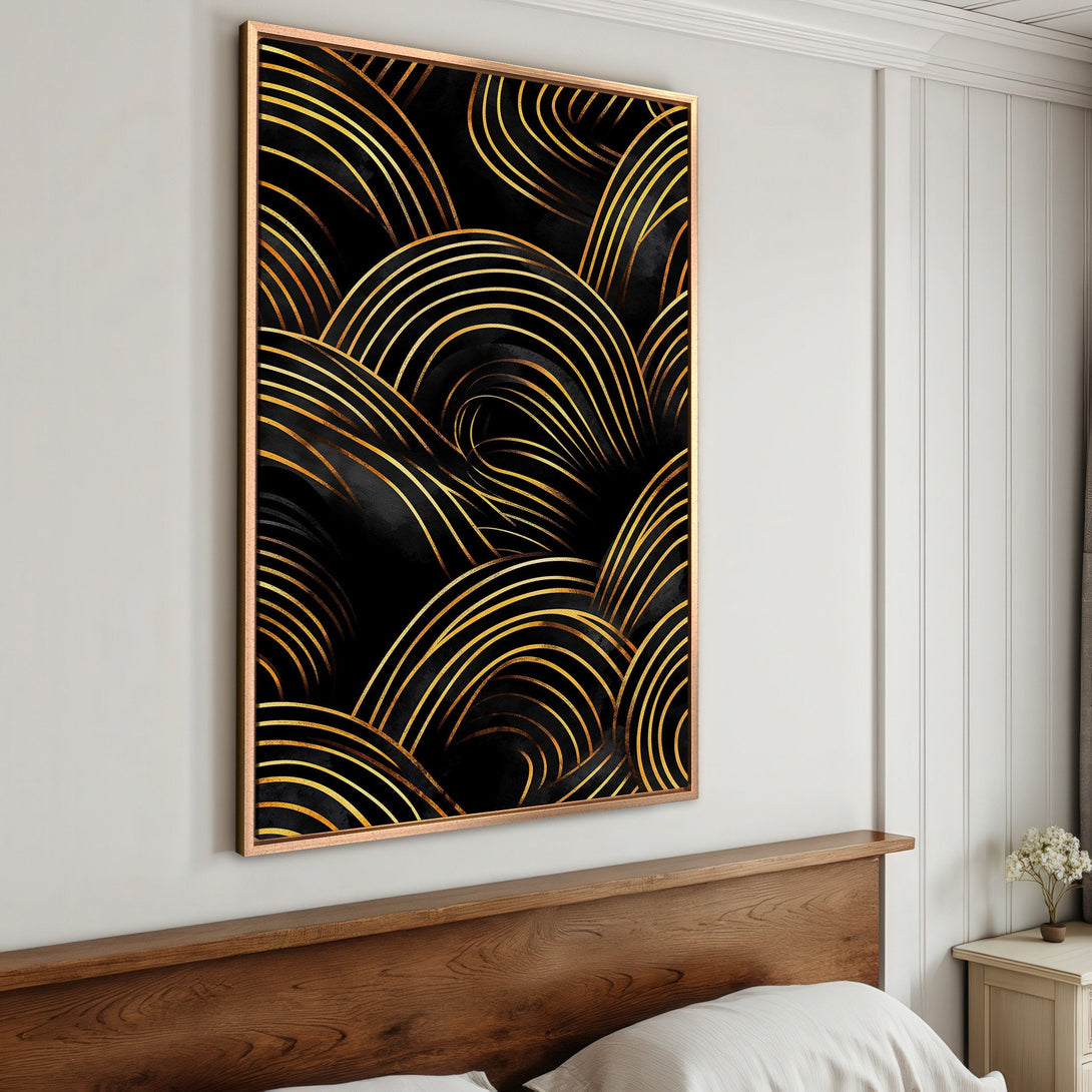 Framed Wall Art: Abstract gold and black art print. Modern, elegant design with a luxurious color palette. Perfect for bedroom or living room decor.