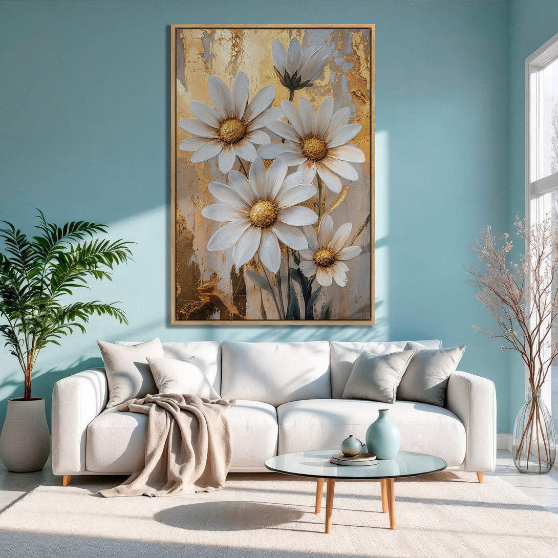 Framed Wall Art featuring white daisy flowers with gold accents. Modern abstract style with a neutral, elegant color palette. Perfect for home decor.