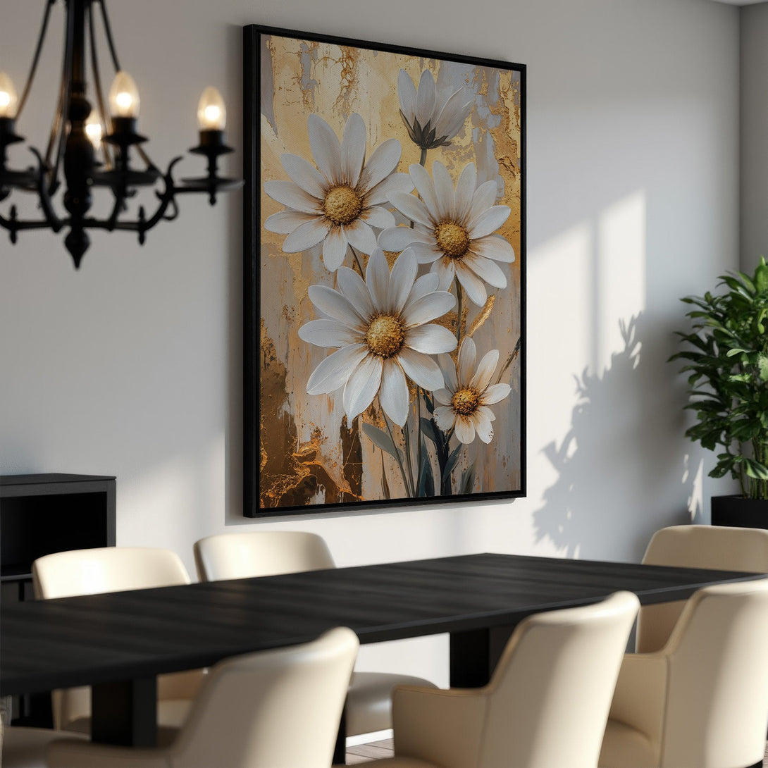 Framed Wall Art featuring elegant white daisy floral art with gold accents. Perfect for adding a touch of sophistication to any dining room.