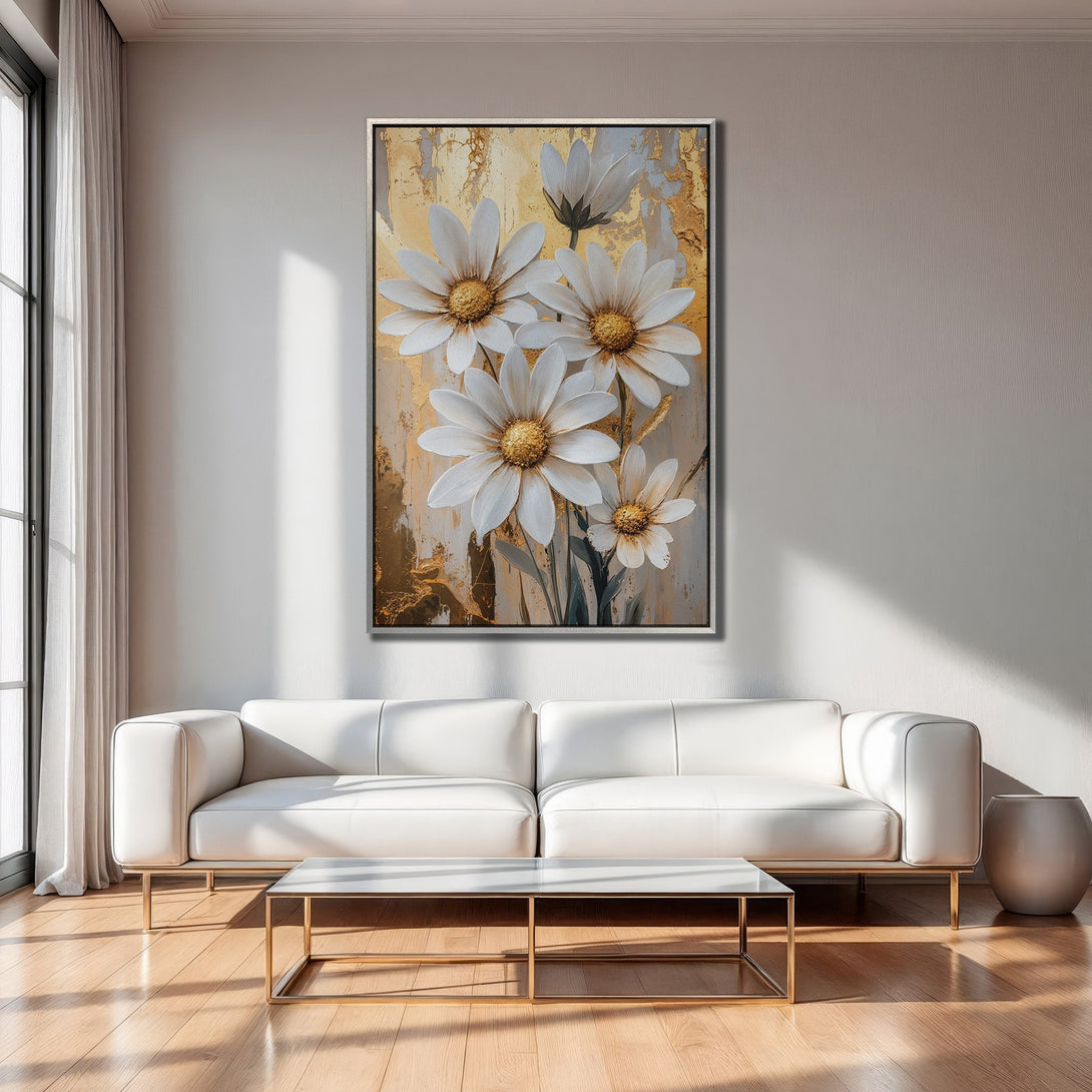 Framed Wall Art featuring elegant white daisy flowers. Modern, abstract style with gold and neutral color palette. Perfect for living room decor.