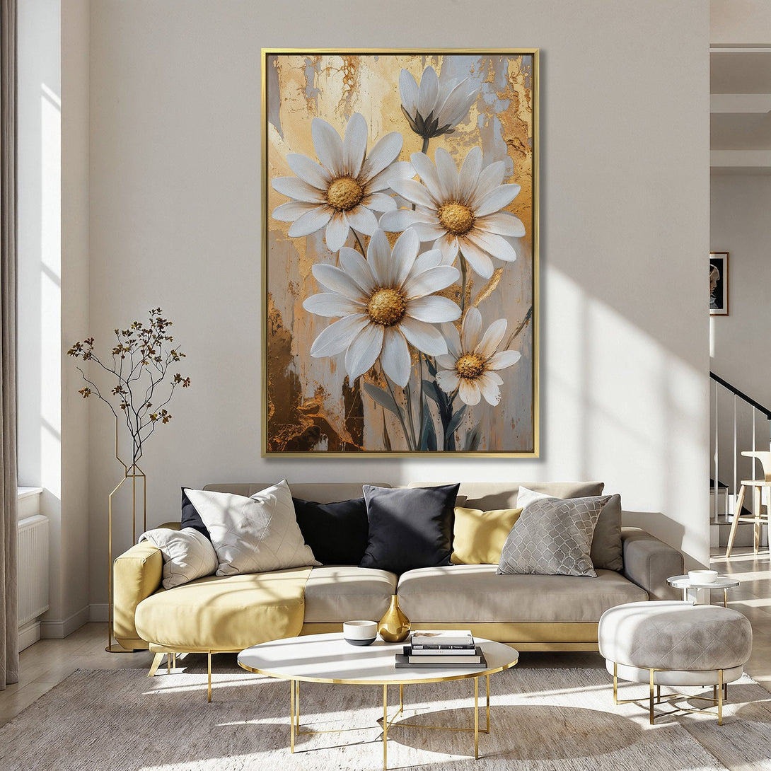 Canvas Print: White daisy floral art with gold accents, displayed in a kitchen. Modern abstract style, warm neutral and pastel color palette.