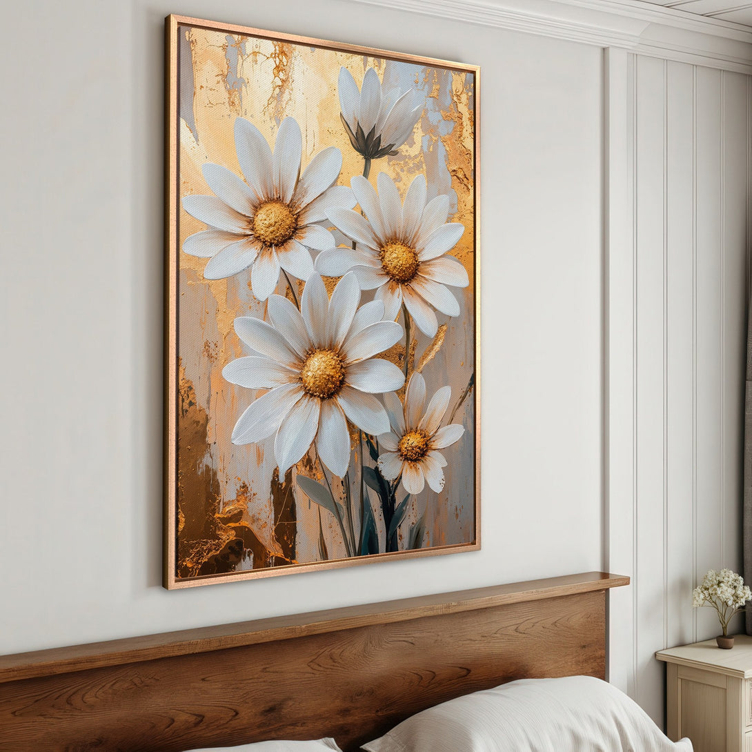 Framed Wall Art: White daisy floral print on gold abstract background. Modern art for bedroom decor. Warm, neutral color palette.