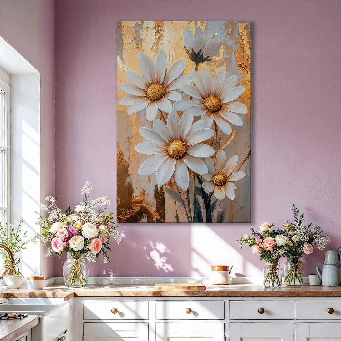 Framed Wall Art featuring white daisy floral art with gold accents. Modern, elegant canvas print in a neutral color palette, perfect for living room decor.
