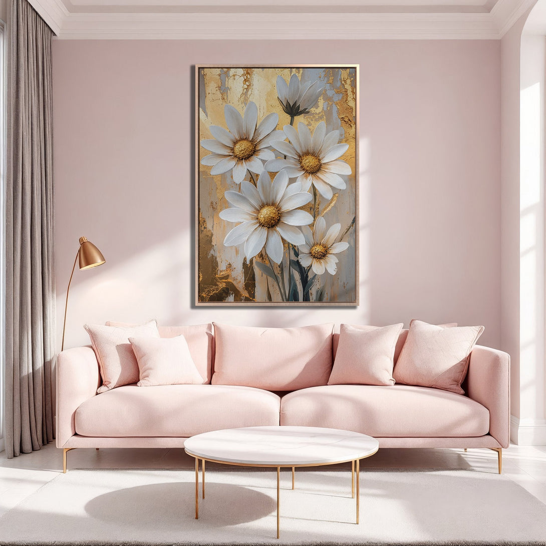 Framed Wall Art featuring white daisy flowers on a gold and neutral background. Soft, elegant art with a blush pink and gold color palette, perfect for any interior.