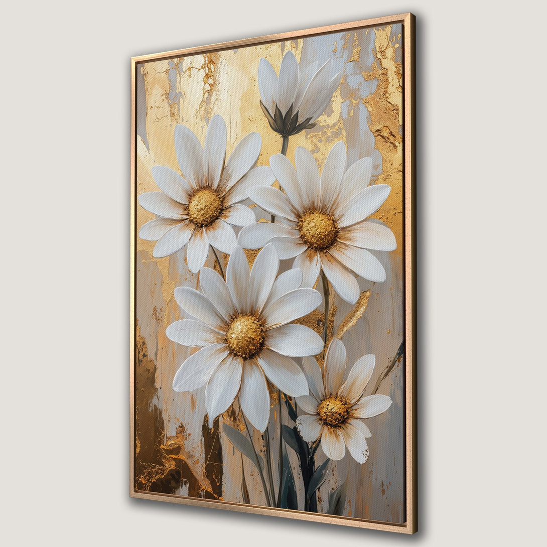 Framed Wall Art featuring white daisy flowers with gold accents on a textured canvas. Elegant floral art in neutral and gold color palette.