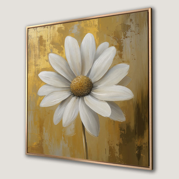 Framed Wall Art: White daisy floral painting with gold and neutral tones. Modern abstract art for home decor.