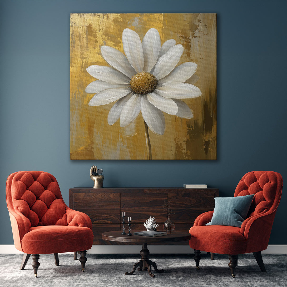 Framed Wall Art: Large daisy painting with gold frame, abstract style, warm gold and white color palette. Perfect for living room decor.