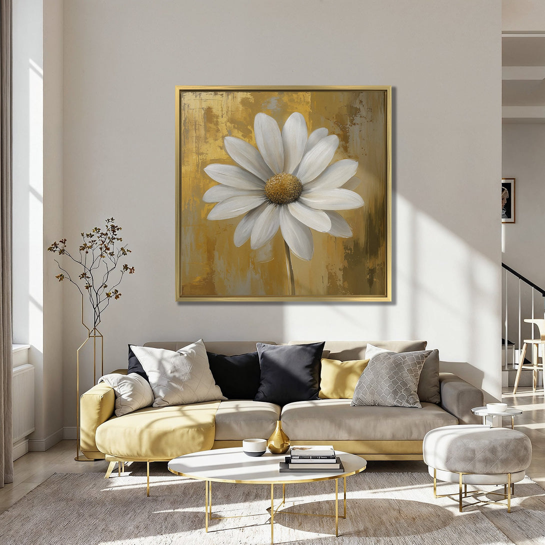 Canvas Print featuring a large white daisy painting with a gold background. Modern floral art in a warm, inviting interior with red chairs.