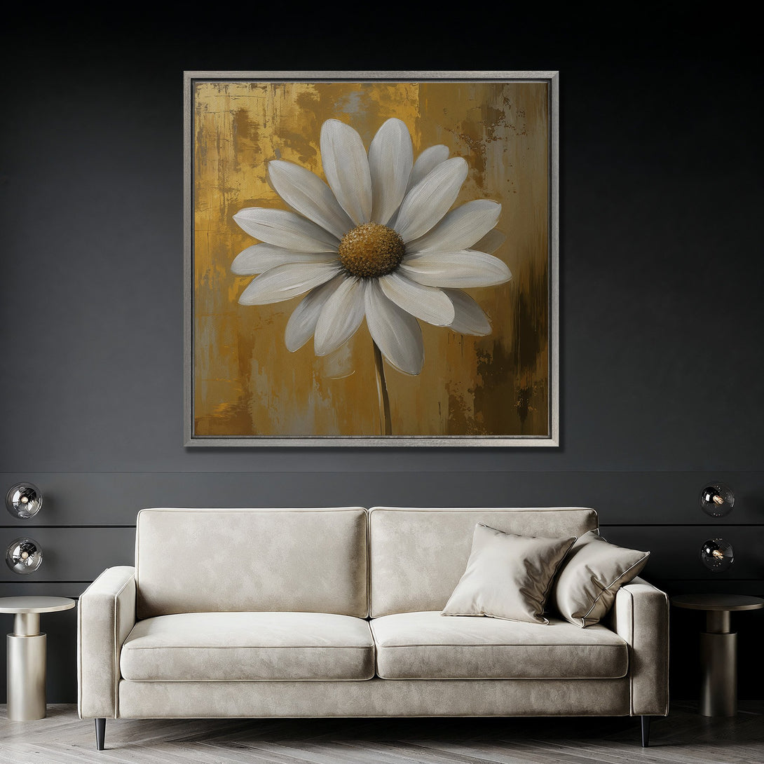 Framed Wall Art: Stunning daisy painting in gold and white, perfect for modern interiors. Enhance your space with this elegant canvas print.