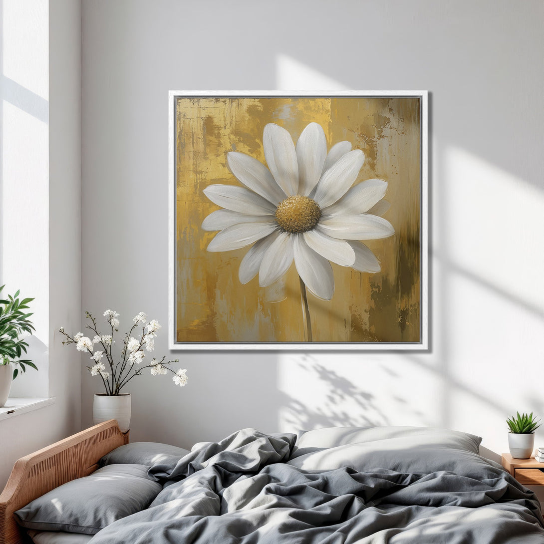 Framed Wall Art: Large white daisy painting with gold background. Modern floral art in a bedroom with neutral color palette. Perfect wall decor.
