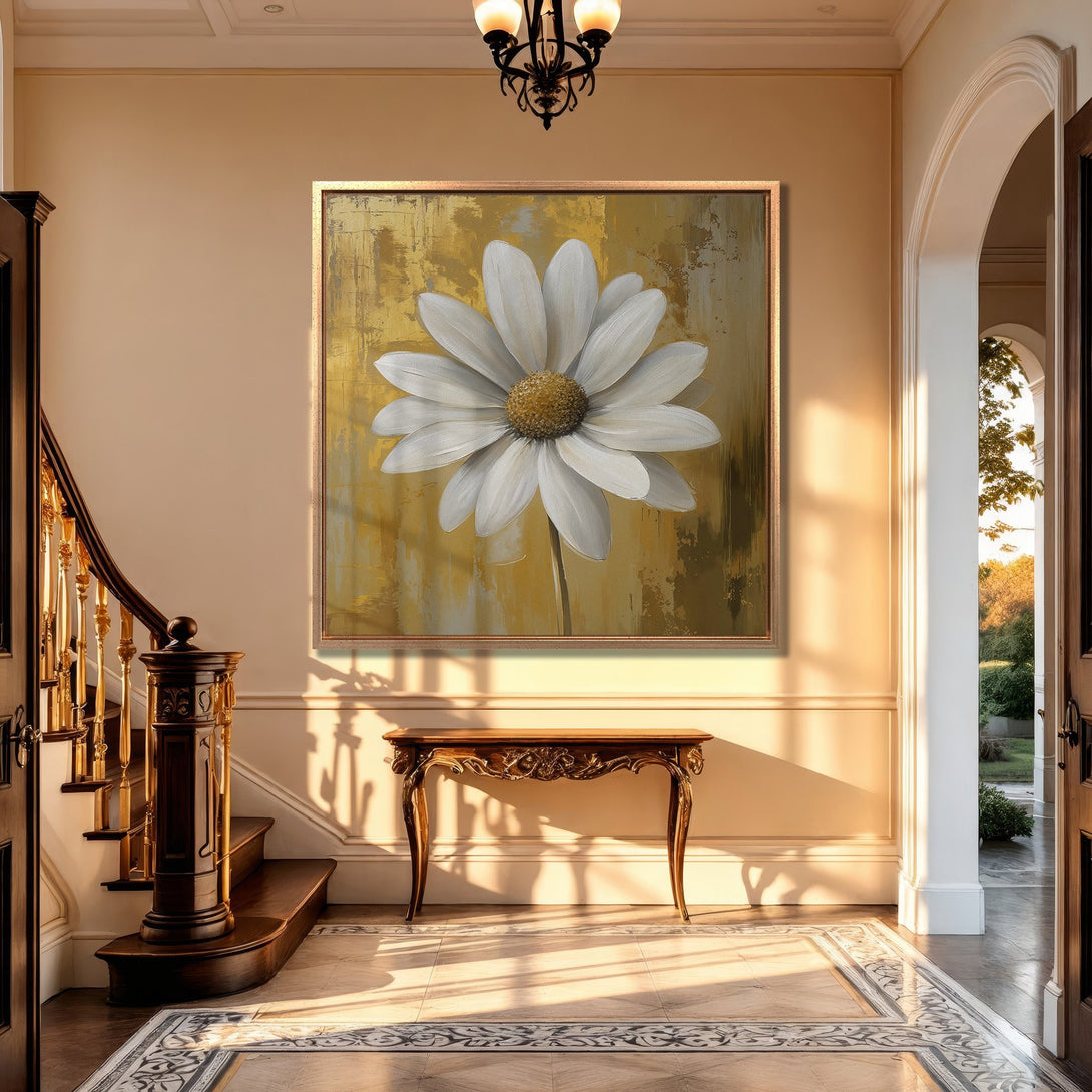 Framed Wall Art: Stunning daisy canvas print in a gold and white palette. Adds elegance to any interior. Shop now for floral art!