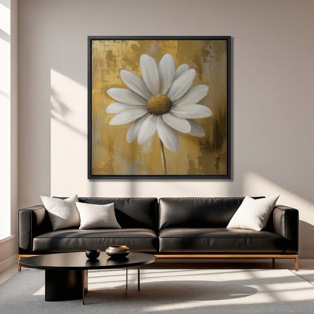 Framed Wall Art featuring a large white daisy painting with a gold and neutral background. Modern floral art for home decor.