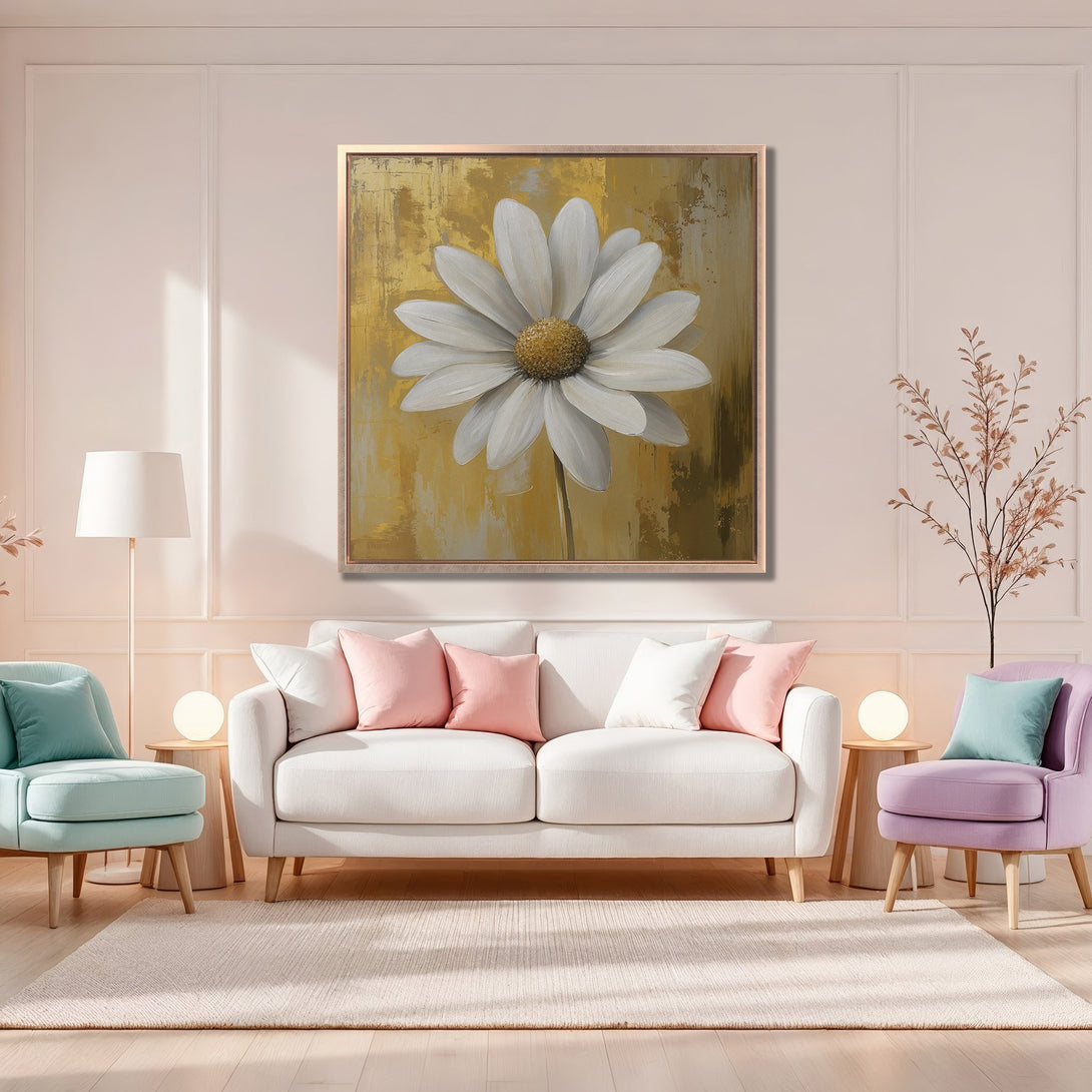Framed Wall Art: Large daisy painting in a gold and white palette. Modern floral art decorates a living room with pastel colors.
