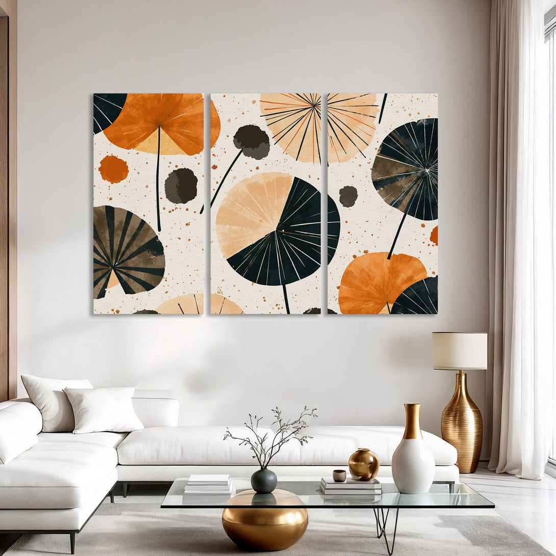 Abstract Canvas Print with orange, black, and beige shapes. Modern wall art for living room decor.