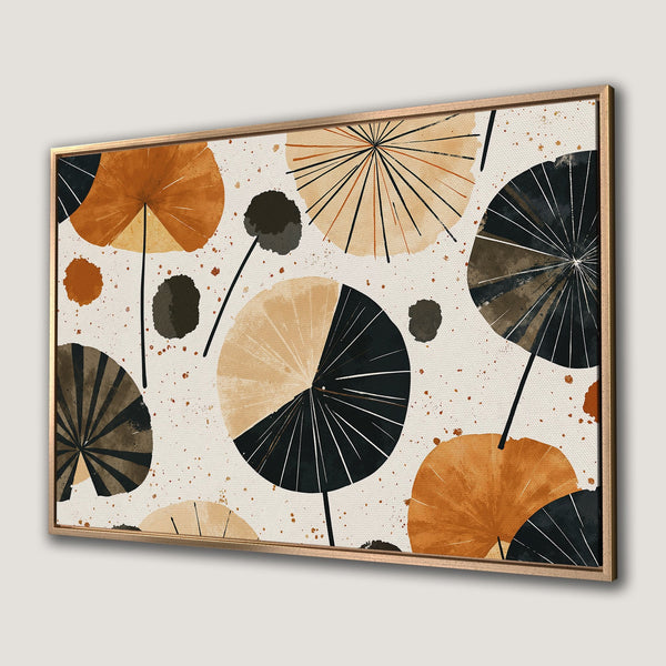 Framed Wall Art featuring an abstract design of stylized fans in a warm, earthy color palette. Perfect for modern home decor!