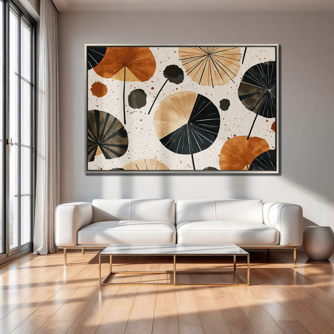 Framed Wall Art: Abstract umbrella design in warm earth tones. Modern canvas print adds a stylish touch to any living room.