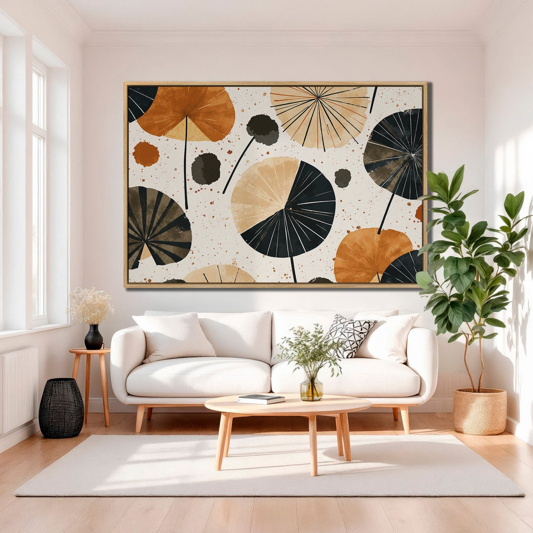 Framed Wall Art featuring abstract geometric shapes in neutral tones. Modern art canvas print with a warm, inviting color palette perfect for any interior space.