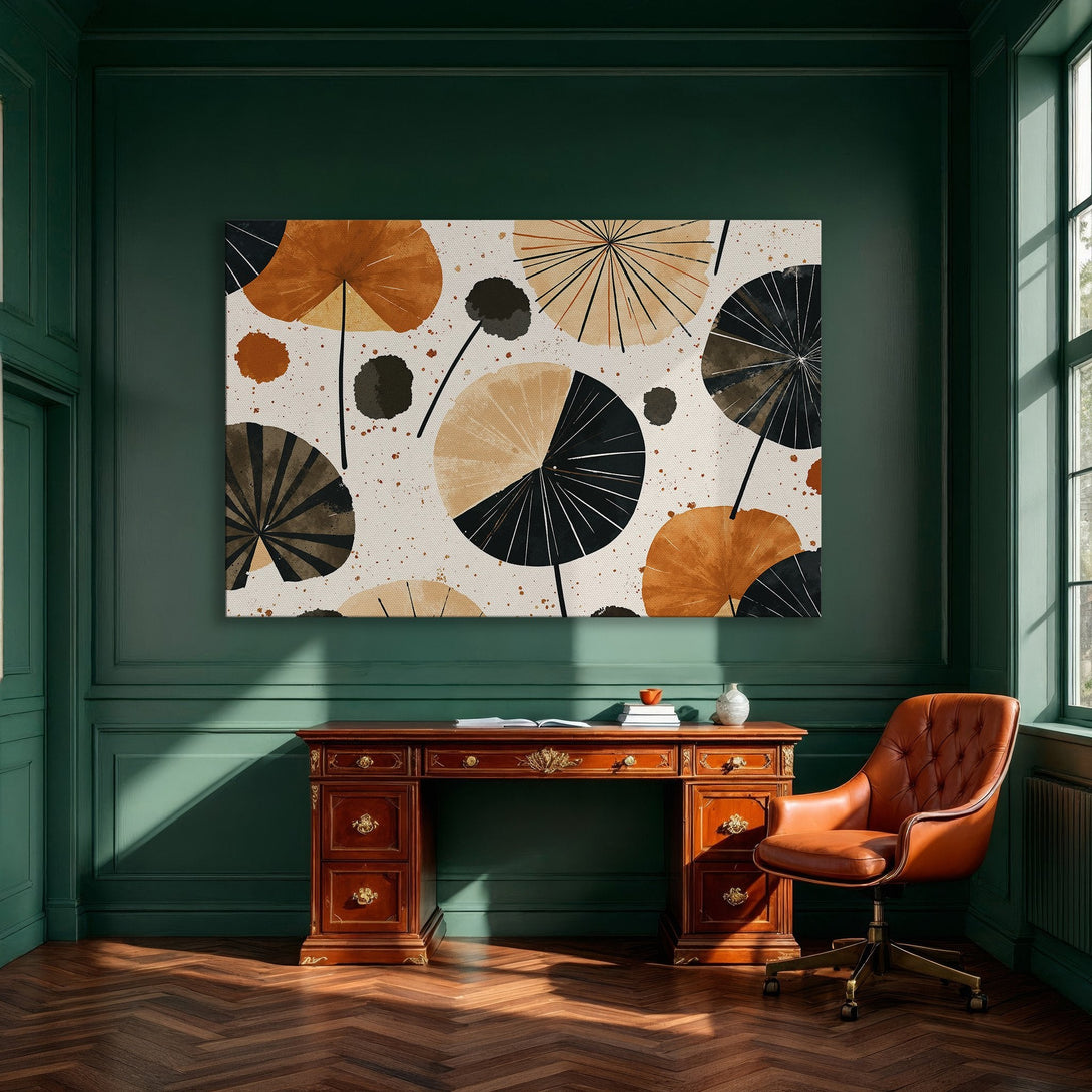 Framed Wall Art: Abstract floral print in warm orange and black tones. Modern art canvas print adds a stylish touch to any dining room.