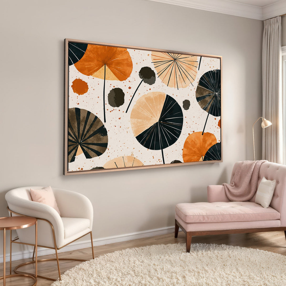 Framed Wall Art featuring abstract floral design in warm orange, black, and beige tones. Modern art for living room decor.