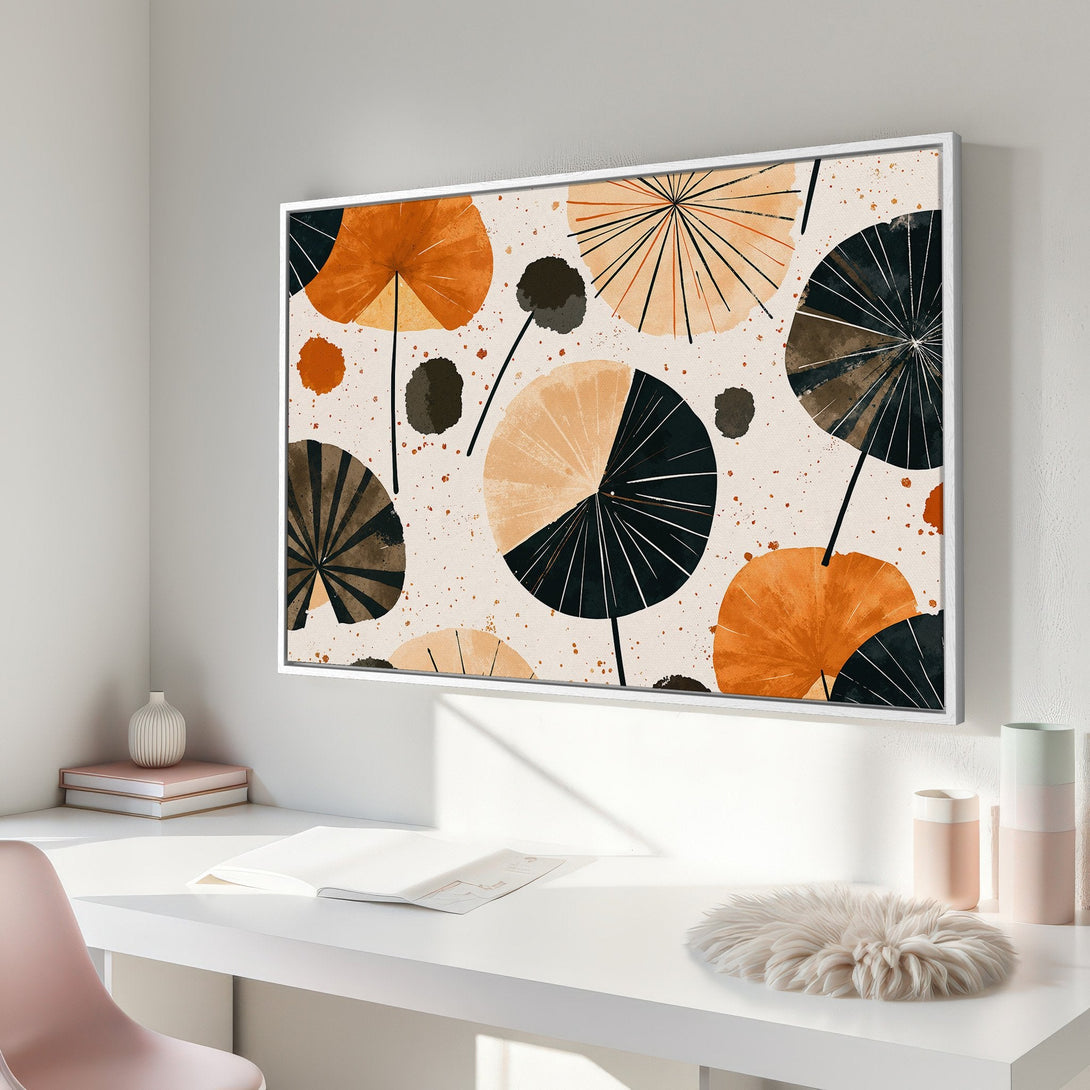 Framed Wall Art: Abstract art print in warm orange, black, and beige tones. Modern design perfect for adding style to any interior space.