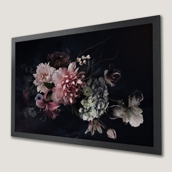 Framed Poster: Elegant floral art print in moody style, featuring a dark color palette with pink and green accents.
