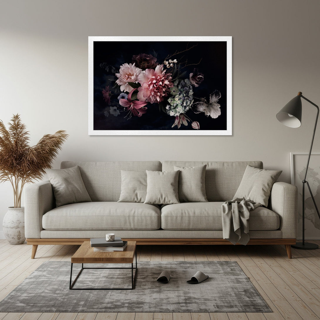 Framed Poster featuring a floral still life in a dark, moody style with a palette of pinks, greens, and blacks. Perfect home decor.