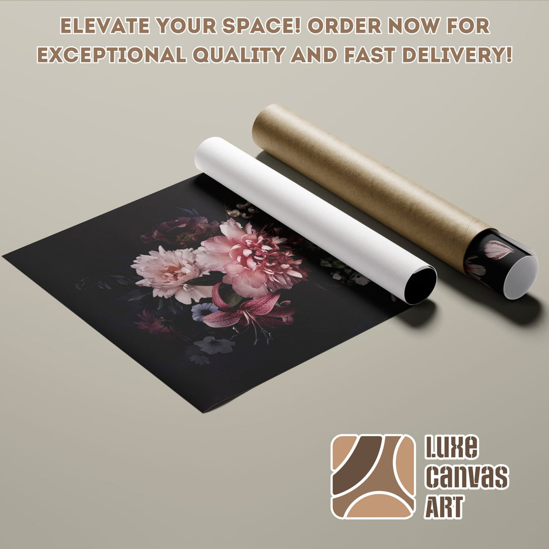 Floral Poster Roll in dark style with pink and burgundy tones. Elevate your space!