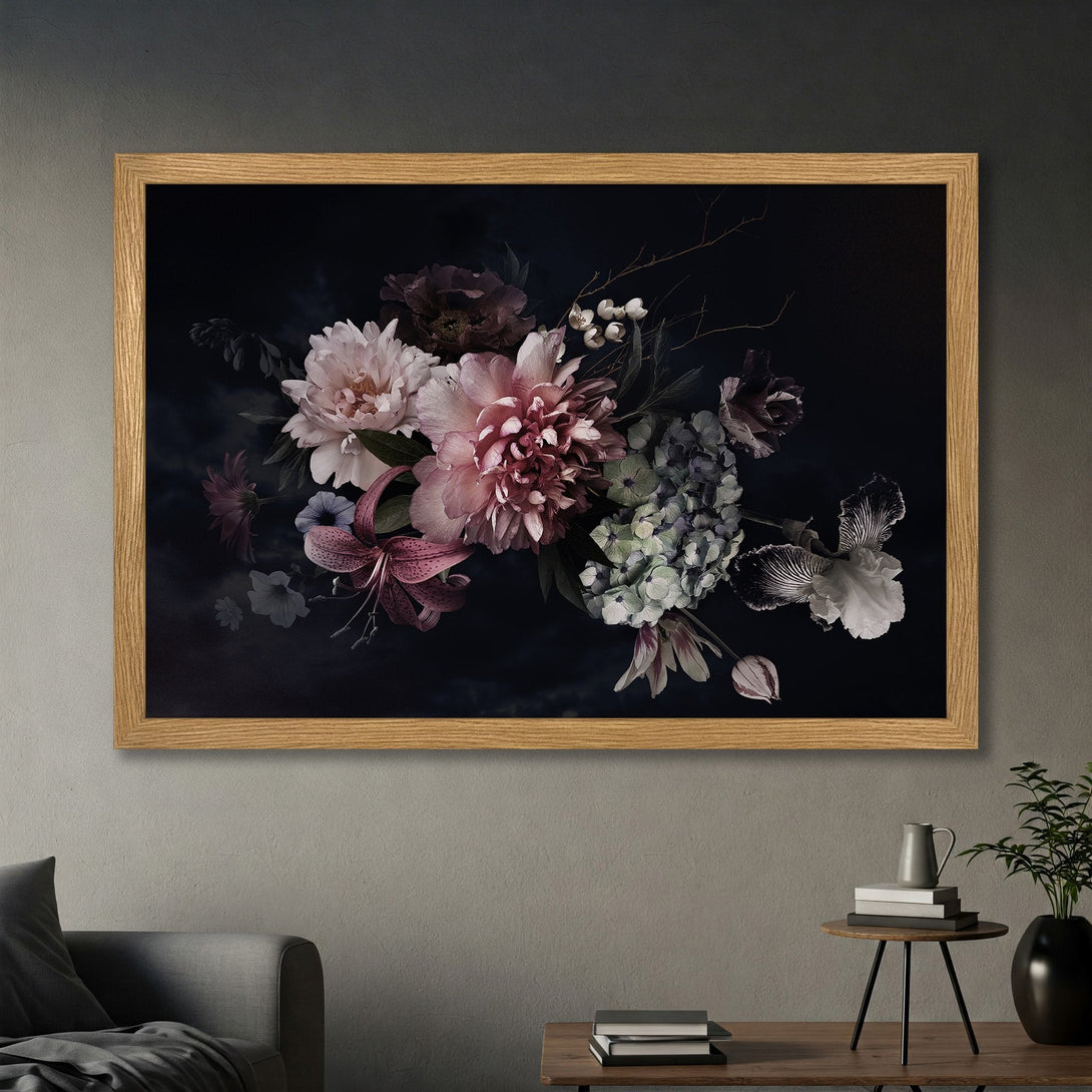 Framed Poster of elegant floral arrangement in a dark, moody style with pink, purple, and green hues. Perfect wall art!