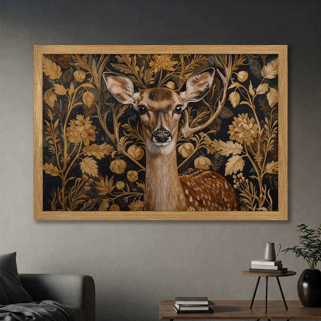 Framed Poster featuring a majestic deer with floral background. Vintage style with warm brown and gold tones. Perfect wall art for your home.