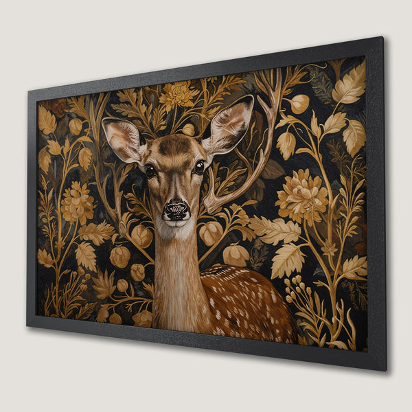 Framed Poster featuring a deer with floral background. Vintage style, warm gold & brown color palette, perfect for home decor.